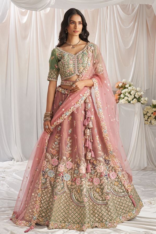 Picture of Captivating Sea Green and Pink Shaded Designer Lehenga Choli for Wedding and Reception