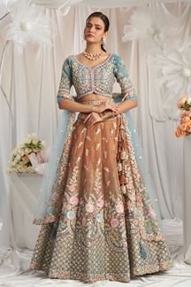 Picture of Marvelous Turquoise Blue and Rose Gold Shaded Designer Lehenga Choli for Wedding and Reception