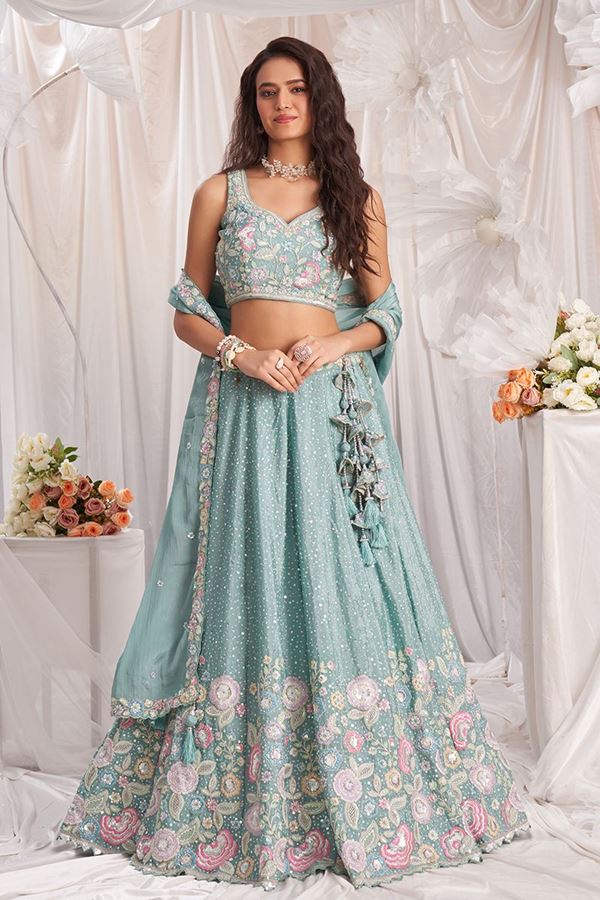 Picture of Divine Sea Green Designer Indo-Western Lehenga Choli for Engagement and Reception