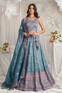 Picture of Impressive Teal Designer Indo-Western Lehenga Choli for Engagement and Reception