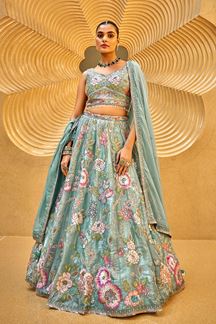 Picture of Artistic Sea Green Designer Indo-Western Lehenga Choli for Engagement and Reception