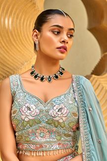 Picture of Artistic Sea Green Designer Indo-Western Lehenga Choli for Engagement and Reception