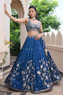 Picture of Spectacular Blue Designer Indo-Western Lehenga Choli for Engagement, Sangeet, and Reception