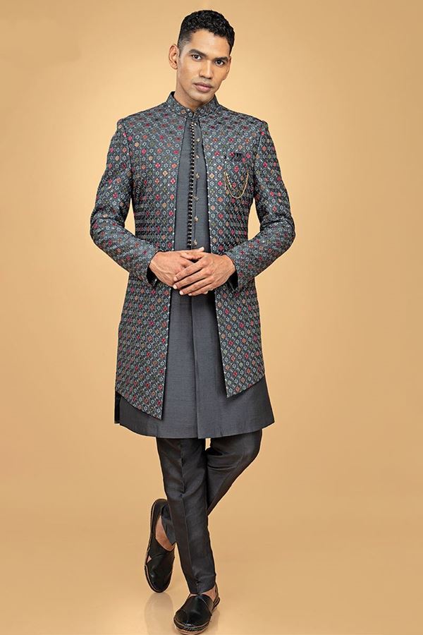 Picture of Royal Grey Designer Men’s Indowestern Sherwani for Engagement and Sangeet 