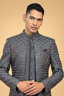 Picture of Royal Grey Designer Men’s Indowestern Sherwani for Engagement and Sangeet 