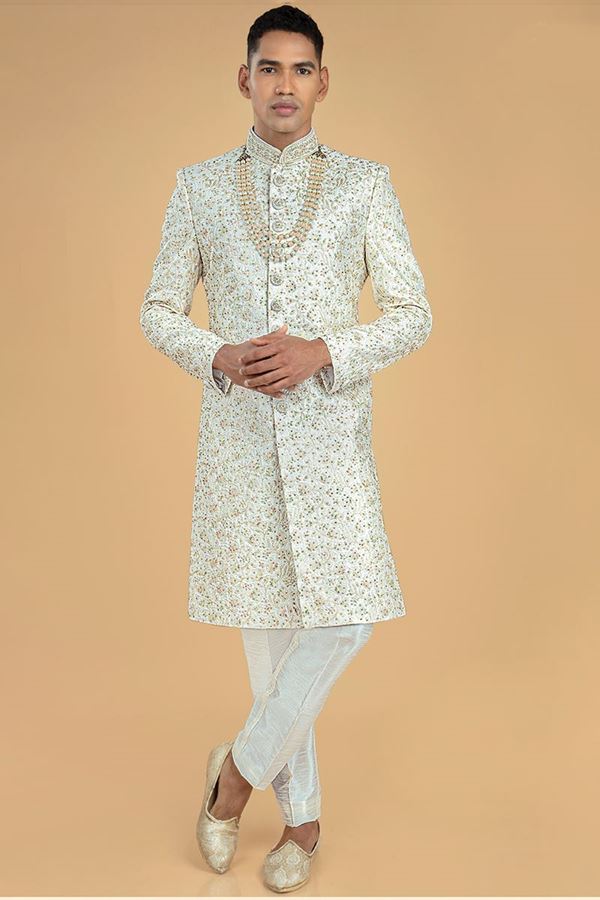 Picture of Amazing Cream Designer Men’s Sherwani for Engagement and Wedding 