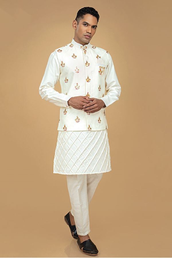 Picture of Artistic Cream Designer Kurta Jacket set for Engagement and Wedding