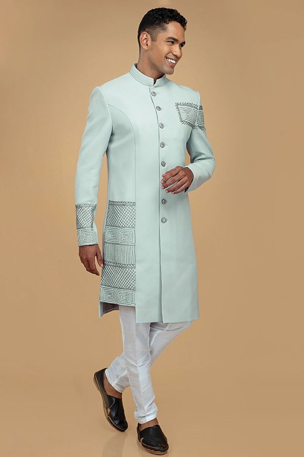 Picture of Delightful Sky Blue Designer Indo-Western Sherwani for Wedding and Engagement