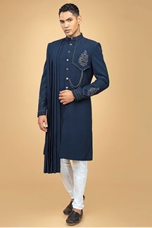 Picture of Magnificent Blue Designer Indo-Western Sherwani for Sangeet and Engagement