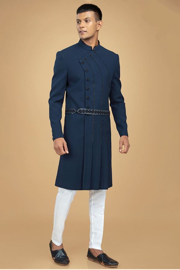 Picture of Appealing Navy Blue Designer Indo-Western Sherwani for Sangeet and Engagement