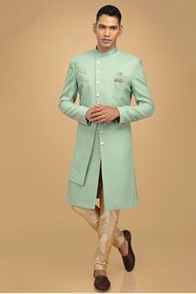 Picture of Aesthetic Pista Green Designer Indowestern Sherwani for Engagement and Wedding 