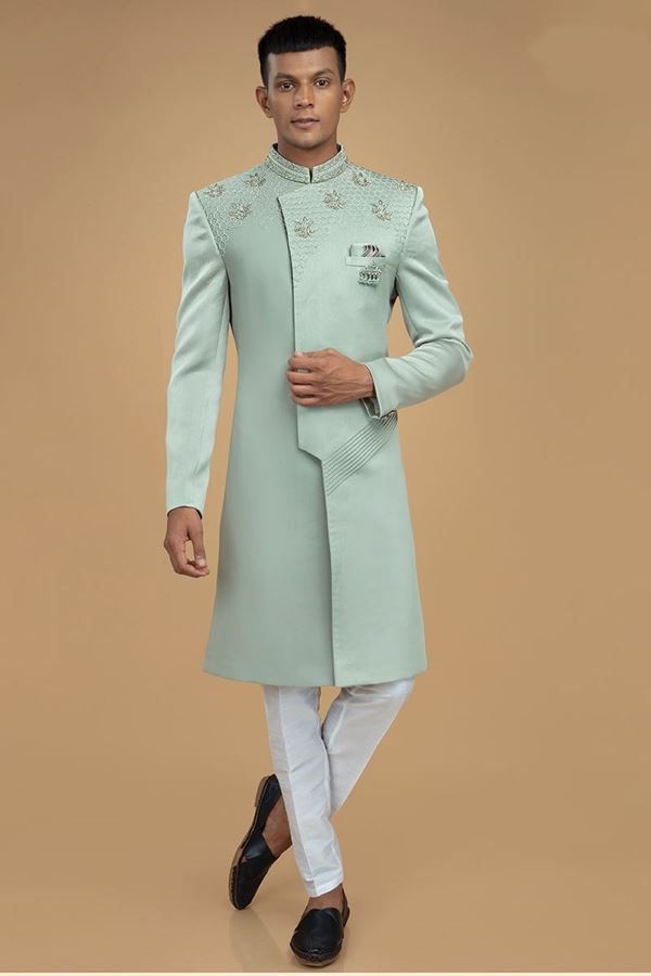 Picture of Majestic Light Blue Designer Indo-Western Sherwani for Engagement, and Reception