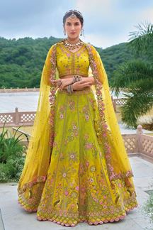 Picture of Royal Parrot Green and Yellow Designer Lehenga Choli for Haldi and Mehendi