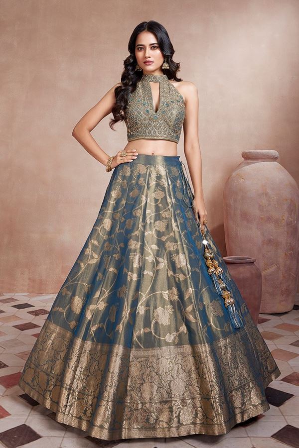 Picture of Outstanding Greyish Blue Designer Indo-Western Lehenga Choli for Engagement and Reception