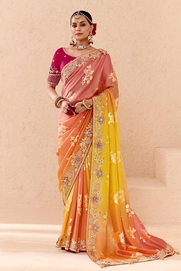 Picture of Ethnic Peach and Yellow Shaded Designer Saree for Wedding and Reception