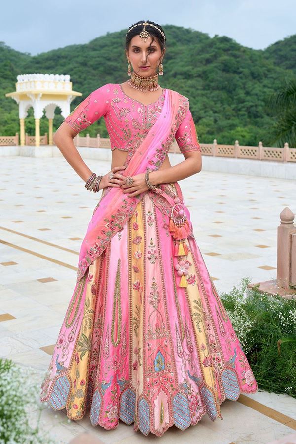 Picture of Lovely Pink Designer Lehenga Choli with Colorful Kali for Wedding and Haldi