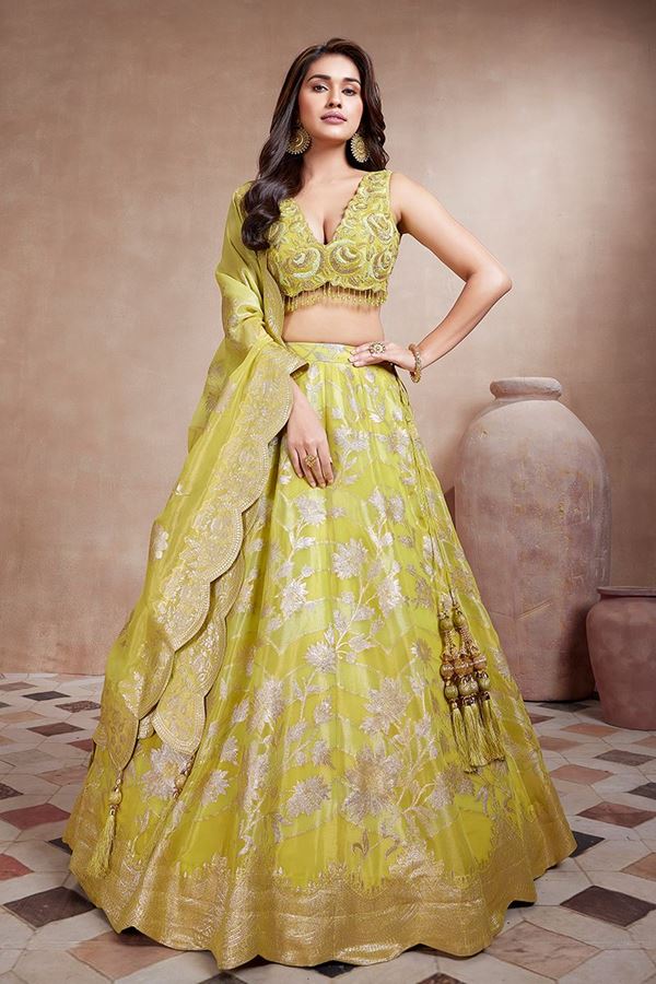 Picture of Magnificent Lemon Green Designer Indo-Western Lehenga Choli for Engagement, Reception, and Party