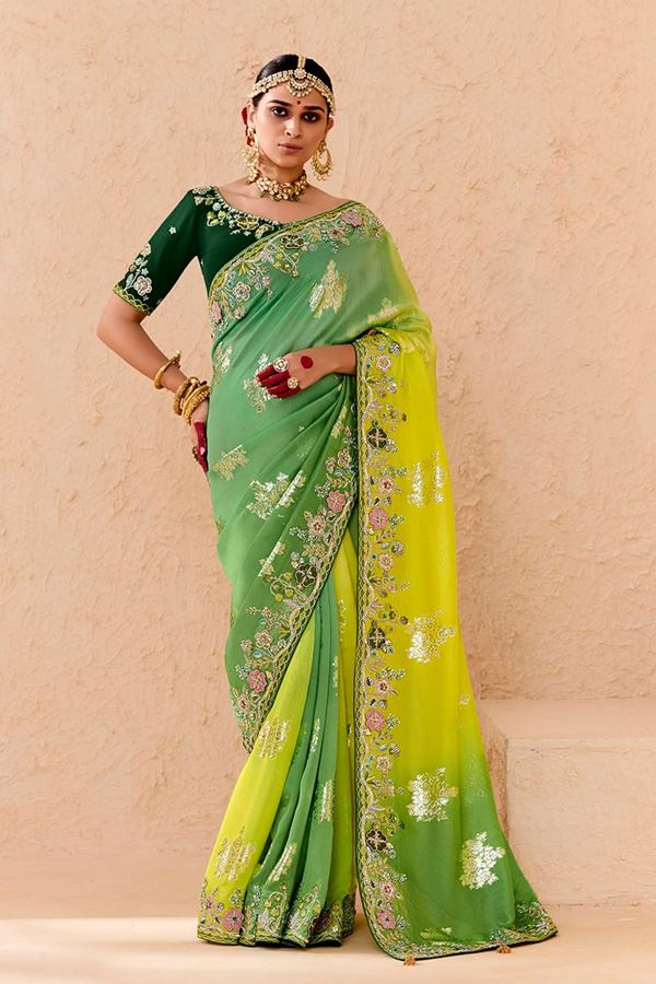 Picture of Spectacular Green and Yellow Designer Saree for Wedding and Haldi