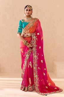 Picture of Splendid Orange and Pink Shaded Designer Saree for Wedding and Reception