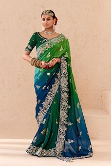 Picture of Creative Green and Blue Shaded Designer Saree for Wedding and Reception