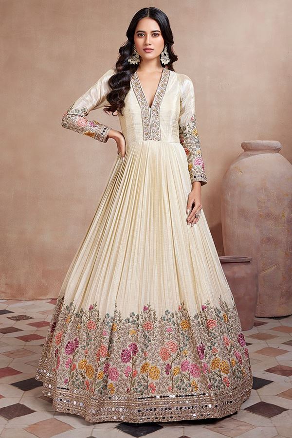 Picture of Marvelous Off-White Georgette Designer Anarkali Suit for Party and Festivals