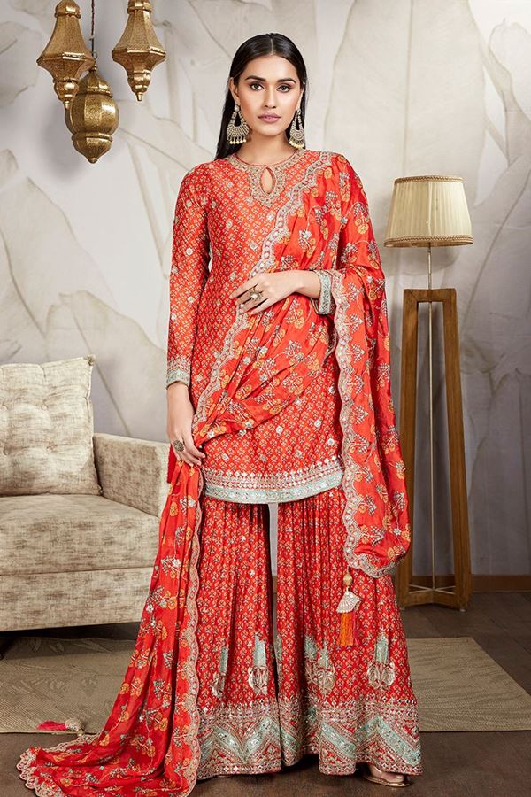 Picture of Delightful Red-Orange Designer Gharara Suit for Engagement, Wedding, Reception, Sangeet, and Festivals