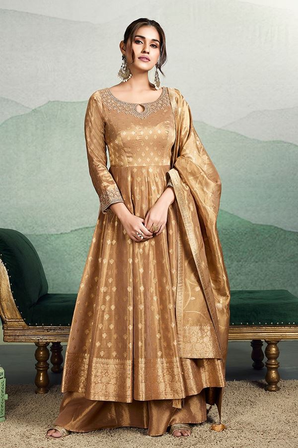 Picture of Pretty Brown Banarasi Silk Designer Anarkali Suit for Wedding, Reception, and Sangeet