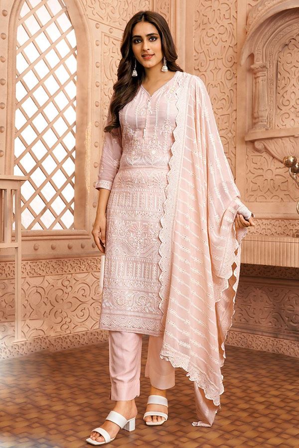 Picture of Alluring Peach Designer Straight Cut Suit for Party and Festivals