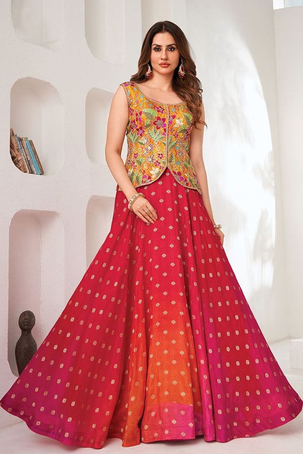 Picture of Flamboyant Rani and Multi Designer Indo-Western Lehenga Choli for Engagement and Reception