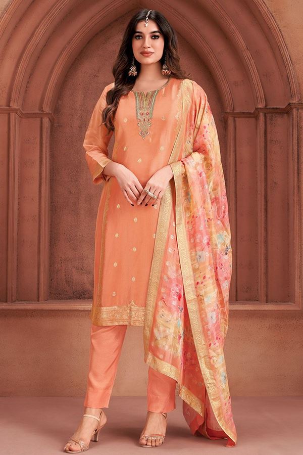 Picture of Artistic Peach Designer Straight Cut Suit for Party and Festivals