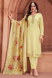 Picture of Appealing Light Lemon Designer Straight Cut Suit for Haldi, Party and Festivals