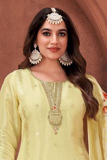 Picture of Appealing Light Lemon Designer Straight Cut Suit for Haldi, Party and Festivals