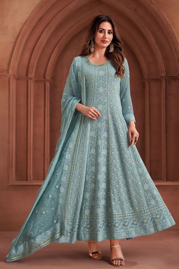 Picture of Enticing Sky Blue Georgette Designer Anarkali Suit for Engagement, Party and Festivals