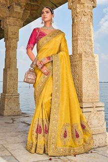 Picture of Ethnic Pure Crepe Jacquard Saree for Haldi, Wedding, Party, and Reception