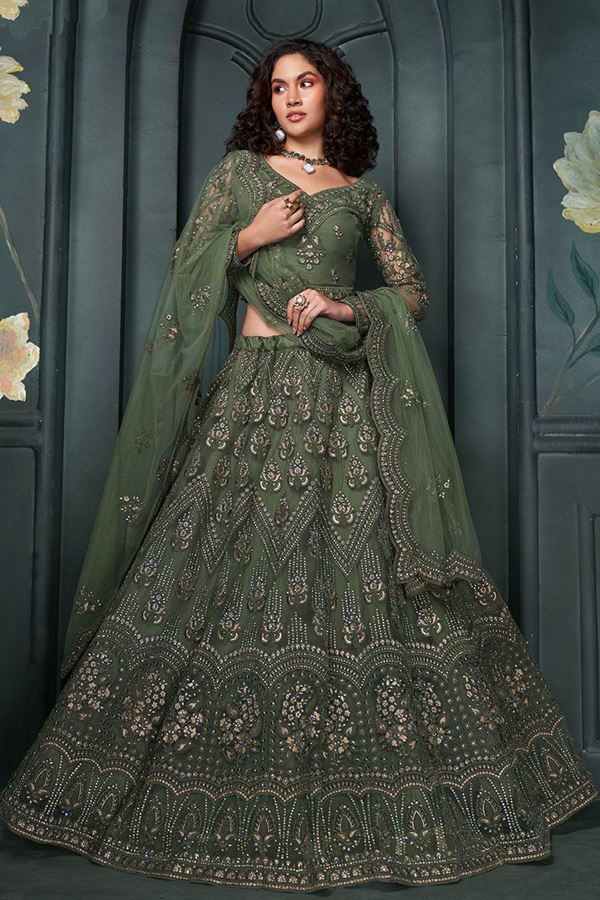 Picture of BeautifulMehendi Green Designer Heavy Lehenga Choli for Mehendi, Engagement and Reception