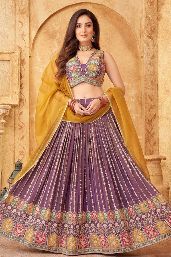 Picture of Royal Purple Bridesmaids Indo-Western Lehenga Choli for Engagement and Wedding 