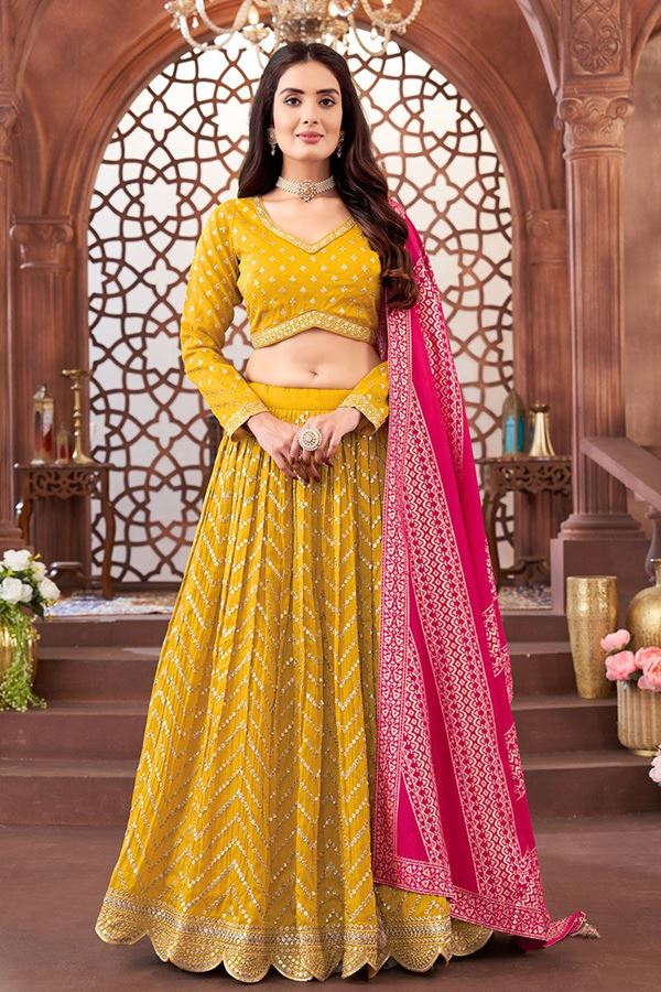 Picture of Lovely Mustard Designer Wedding Lehenga Choli for Haldi and Wedding 