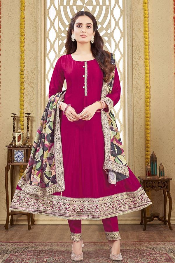 Picture of Flawless Rani Pink Silk Designer Anarkali Suit for Engagement, Festivals, and Party