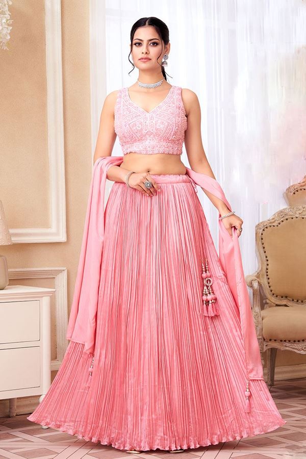 Picture of Exuberant Peach Designer Indo-Western Lehenga Choli for Engagement, Reception, Sangeet, and Party