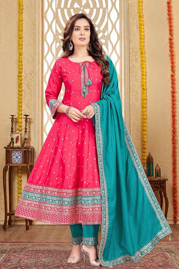 Picture of RoyalPeach Silk Designer Anarkali Suit for Engagement, Reception, Festivals, and Party