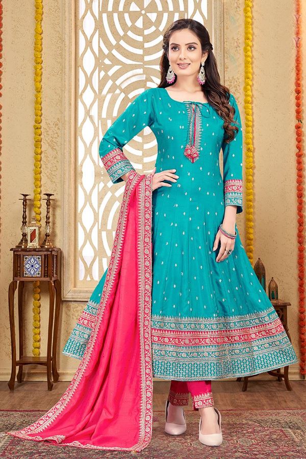 Picture of AestheticSky Blue Silk Designer Anarkali Suit for Engagement, Reception, Festivals, and Party