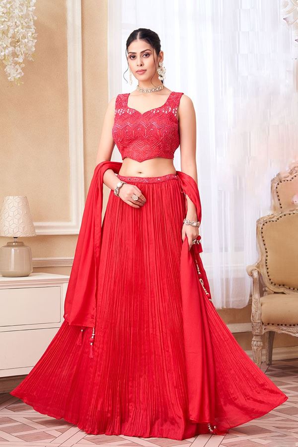 Picture of Spectacular Red Designer Indo-Western Lehenga Choli for Wedding, Reception, Sangeet, and Party