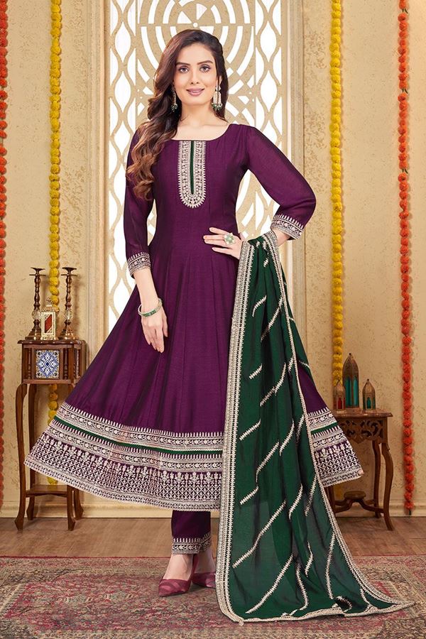 Picture of EnticingWine Silk Designer Anarkali Suit for Engagement, Reception, Festivals, and Party