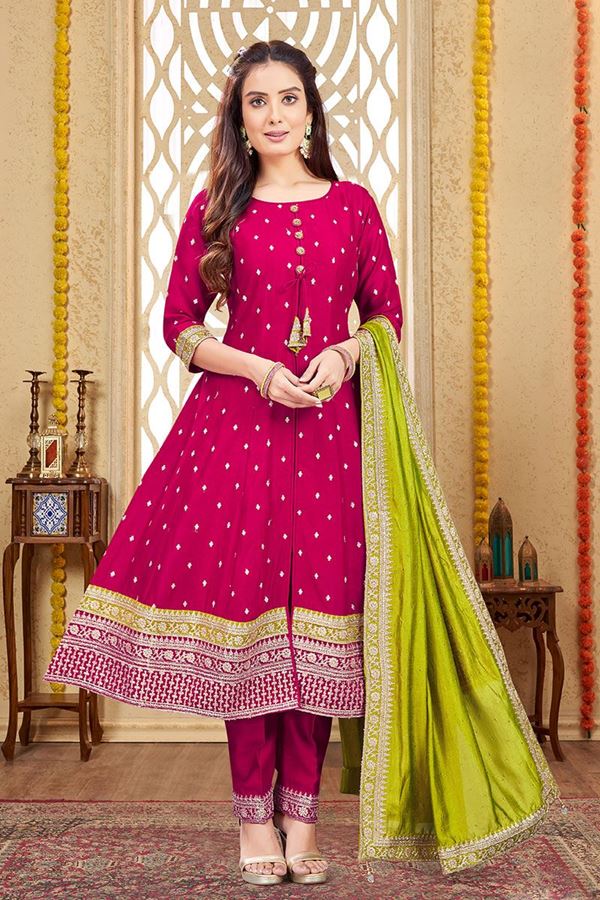 Picture of IrresistiblePink Silk Designer Anarkali Suit for Engagement, Reception, Festivals, and Party