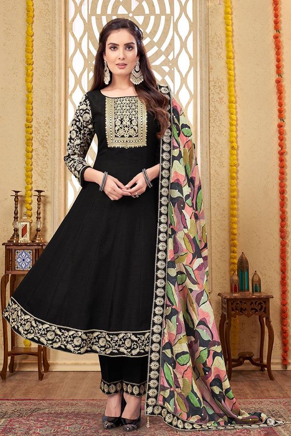 Picture of StunningBlack Silk Designer Anarkali Suit forParty