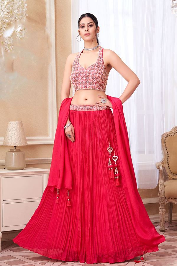 Picture of Striking Red Designer Indo-Western Lehenga Choli for Engagement, Reception, Sangeet and Party