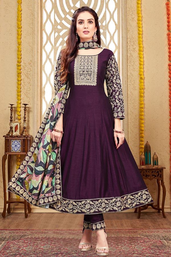 Picture of LovelyWine Silk Designer Anarkali Suit for Party and Festivals