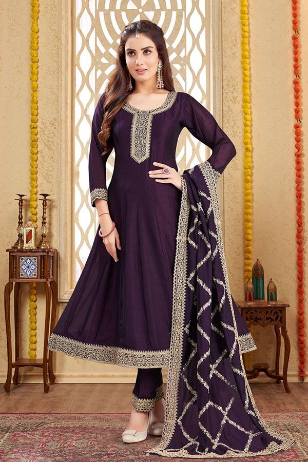 Picture of ExuberantPurple Silk Designer Anarkali Suit for Engagement, Reception, Festivals, and Party