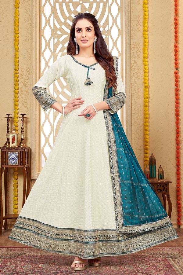 Picture of MarvelousWhite Silk Designer Anarkali Suit for Party