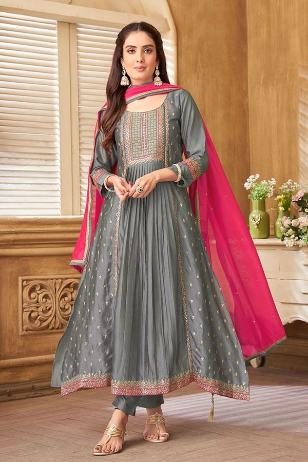 Picture of DivineGrey Silk Designer Anarkali Suit for Festivals, and Party